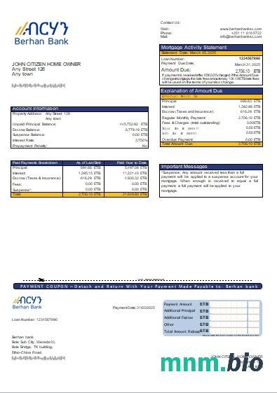 Etiopia Bank Berhan wyciąg z kredytu hipotecznego szablon Word i PDF
